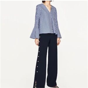 Zara Dark Blue Wide-Leg Pants with side Pearls Detail